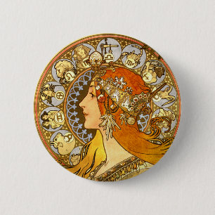 Alfonse Mucha Zodiac Art Nouveau Woman 缶バッジ
