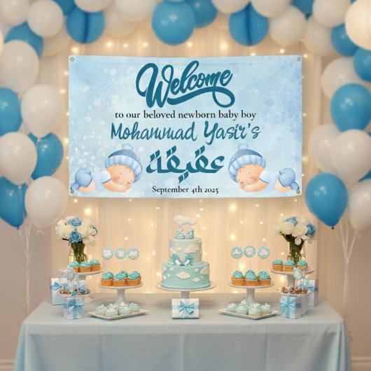 Alhamdulillah blue aqiqah baby boy welcome banner 横断幕