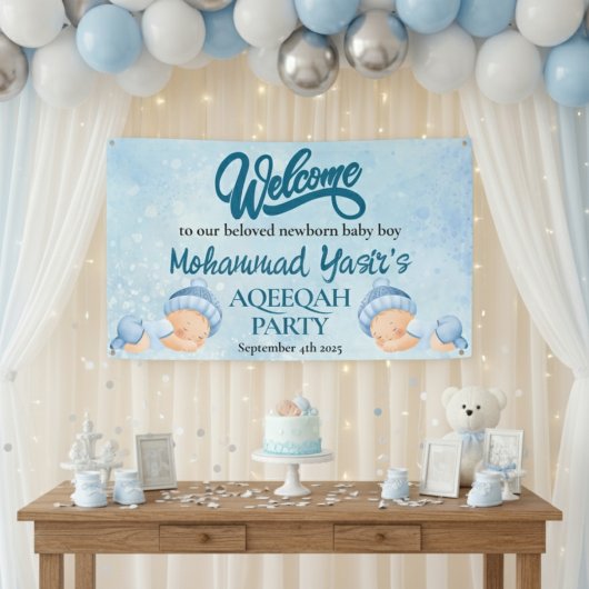Alhamdulillah blue aqiqah baby boy welcome banner 横断幕