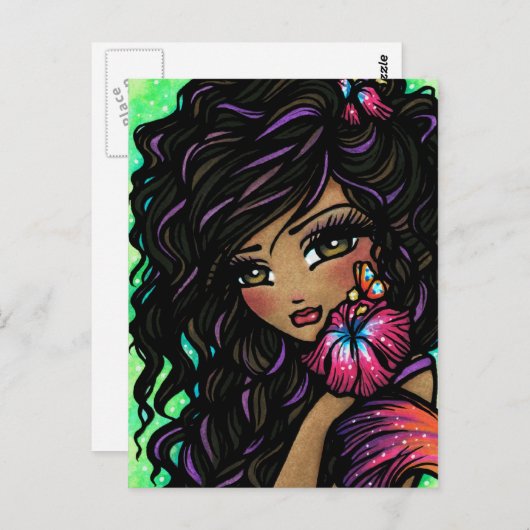 "Aliah"ハイビスカスマーメイドファンタジーアートハガキ ポストカード (正面/裏面)