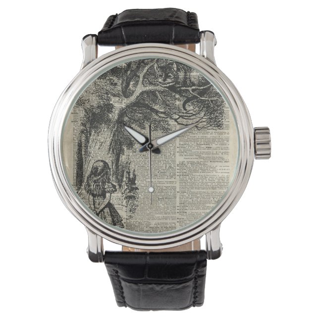 AliceとCheshire Stencil Art On Old Book Page 腕時計 (正面)
