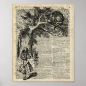 Alice and Cheshire Stencil Art On Old Book Page ポスター (正面)