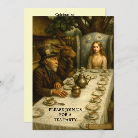 Alice At Mad Hatter Tea Party Template 招待状 (正面/裏面)