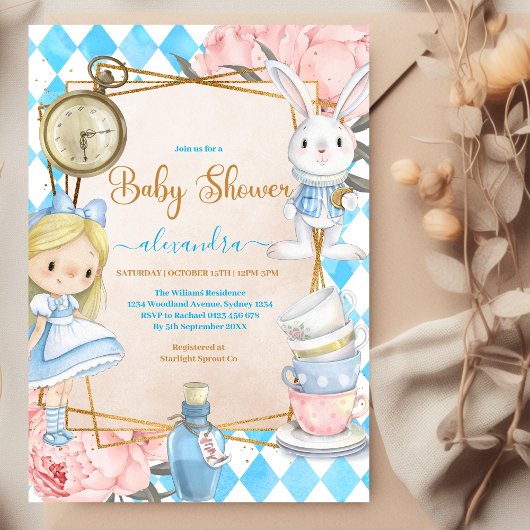Alice in お洒落 Wonderland Baby Shower 招待状