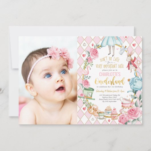 Alice in かわいらし Wonderland 1st Birthday Teaパーティー 招待状 (正面)