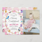 Alice in Onederland 1st誕生日ピンク写真 招待状 (正面/裏面)