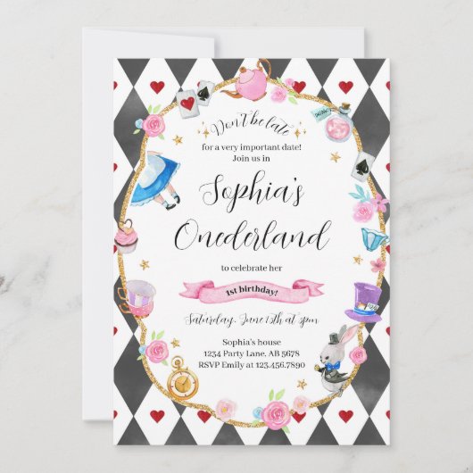 Alice in Onederland 1st Birthday Black 招待状 (正面)