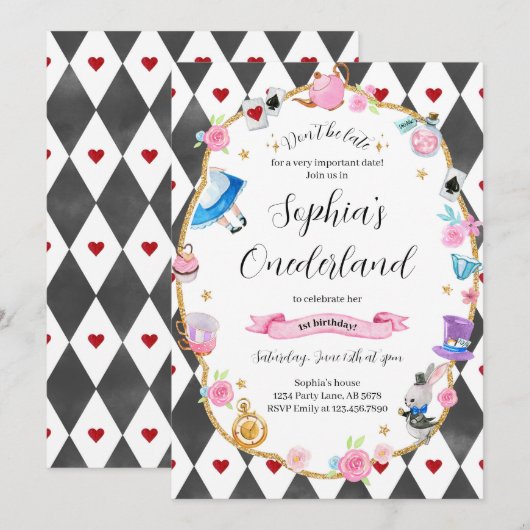 Alice in Onederland 1st Birthday Black 招待状 (正面/裏面)