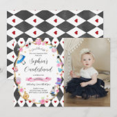Alice in Onederland 1st Birthday Black Photo 招待状 (正面/裏面)