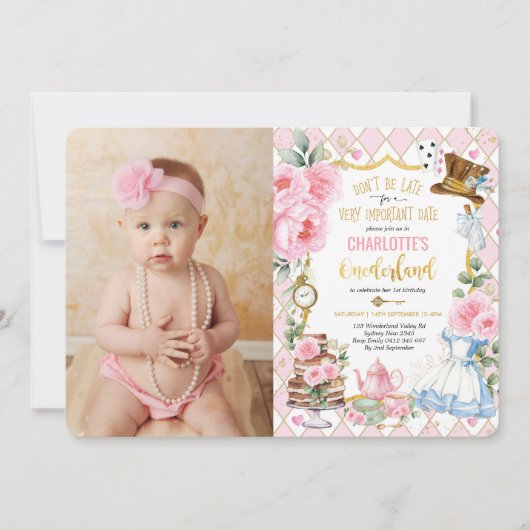 Alice in Onederland 1st Birthday Teaパーティー写真 招待状 (正面)