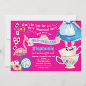 Alice in ONEderland birthday teaパーティーホットピンク 招待状 (正面)