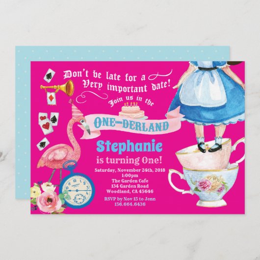 Alice in ONEderland birthday teaパーティーホットピンク 招待状 (正面/裏面)