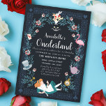 Alice in Onederland Kids 1st Birthday招待状 招待状<br><div class="desc">秋はウサギの穴を下に魔法の誕生祝いのためのOnederland Kidsのアリスと1st誕生日デザイン。ワンダーランド招待状にあるこのアリスは、葉っぱの多いリースのアリス、白うさぎ&チェシャーキャットが登場し、夢のようなダークブルーの背景を描いている。このデザインは、ルイス・キャロルによるワンダーランドのクラシック本「アリス」のビジョンである。このカスタマイズ招待状は自分のニーズに合わせて使える。</div>