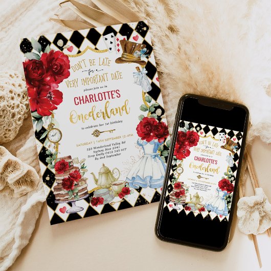 Alice in Onederland Red Roses 1st Birthday Tea 招待状