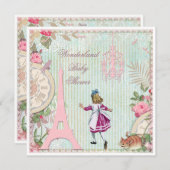 Alice in Paris Shabby Chic Wonderland Baby Shower 招待状 (正面/裏面)
