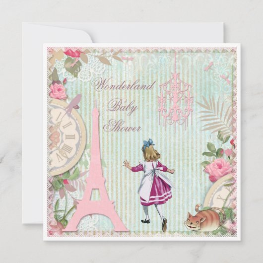 Alice in Paris Shabby Chic Wonderland Baby Shower 招待状 (正面)
