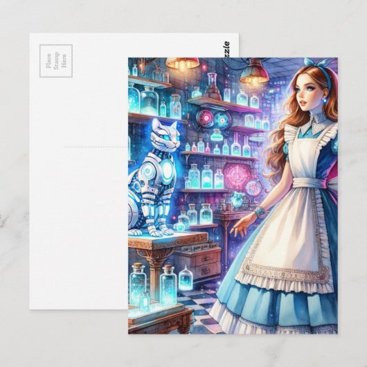Alice in the Steampunk Apothecary With Robot Cat ポストカード (正面/裏面)