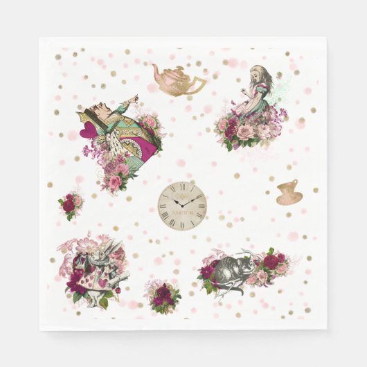 Alice in Wonderlandキャラクターズオンホワイト&グリッター スタンダードランチョンナプキン (正面)