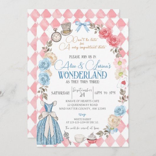 Alice in Wonderlandパーティー、双子の誕生日のお茶 招待状 (正面/裏面)