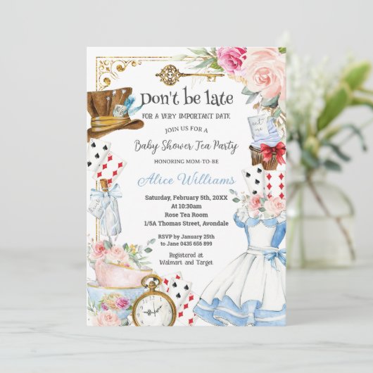 Alice in Wonderlandフローラベイビーシャワーティーパーティー 招待状 (スタンド正面)