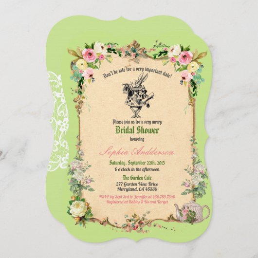 Alice in Wonderlandブライダルシャワー招待緑 招待状 (正面/裏面)