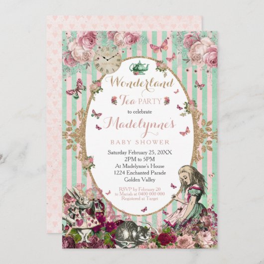 Alice in Wonderlandベビーシャワー招待状ヴィンテージ 招待状 (正面/裏面)