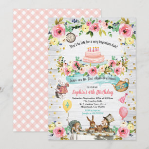 Alice in Wonderlandベビー誕生日の招待金ゴールド 招待状