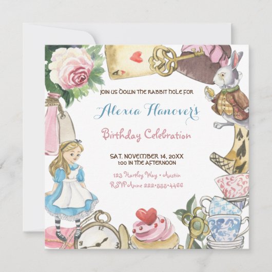 Alice in Wonderland水彩手絵を描兎 招待状 (正面)