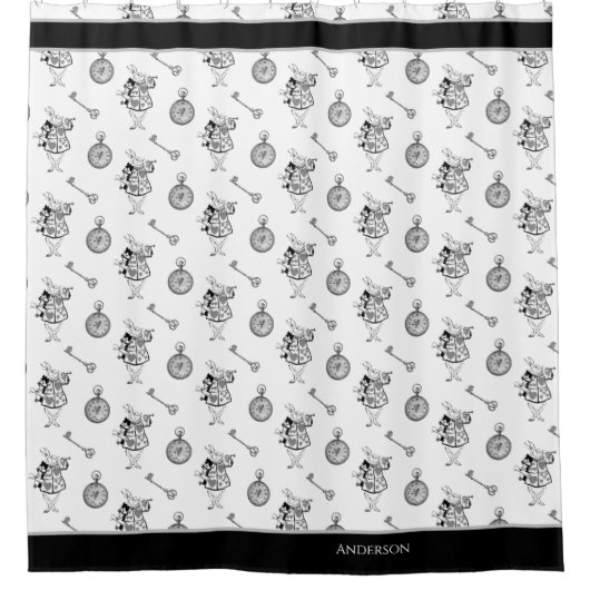 Alice in Wonderland白うさぎ黒バスルーム シャワーカーテン (正面)