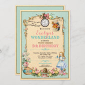 Alice in Wonderland誕生日の招待ターコイズ 招待状 (正面/裏面)