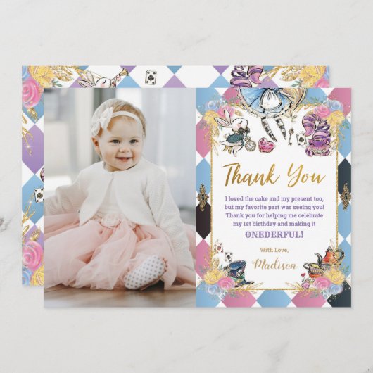 Alice in Wonderland誕生日写真サンキューカード 招待状 (正面/裏面)