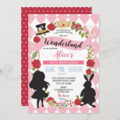 Alice In Wonderland誕生日招待状(ピンク/赤) 招待状 (正面/裏面)