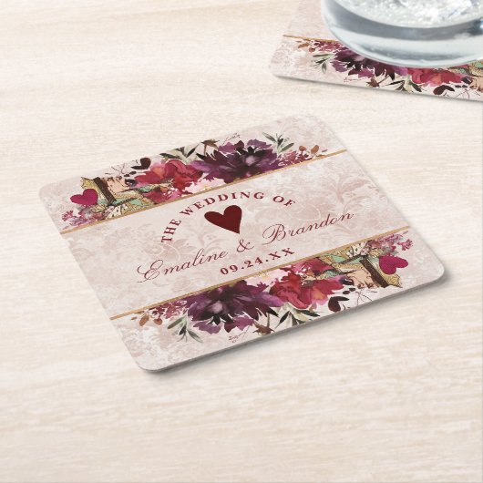 Alice in Wonderland エレガントヴィンテージ・モノグラム スクエアペーパーコースター (アングル)