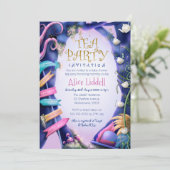 Alice in Wonderland、金ゴールドグリッター、ベビーシャワー 招待状 (スタンド正面)