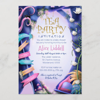 Alice in Wonderland、金ゴールドグリッター、ベビーシャワー 招待状