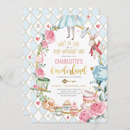 Alice in Wonderland 1st誕生日不機嫌ティーパーティー 招待状 (正面/裏面)