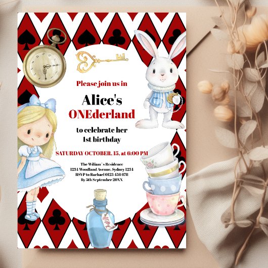 Alice in Wonderland 1st Birthday Onederlandパーティー 招待状