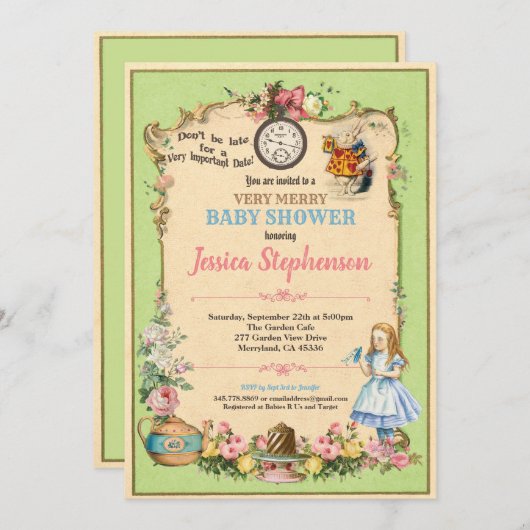 Alice in Wonderland baby shower invitation green 招待状 (正面/裏面)
