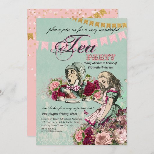 Alice In Wonderland BabyShower MadHatter Teaパーティー 招待状 (正面/裏面)