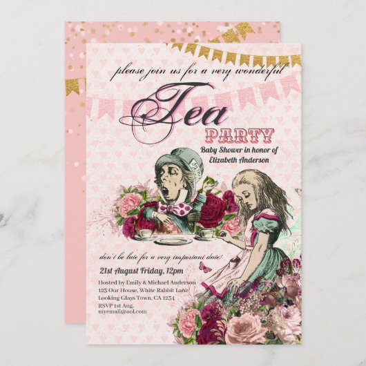 Alice In Wonderland BabyShower MadHatter Teaパーティー 招待状 (正面/裏面)