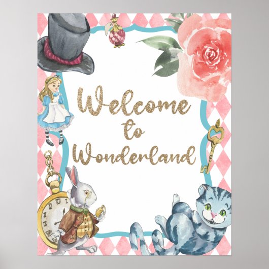 Alice in Wonderland Birthday Partyウェルカムサイン ポスター (正面)
