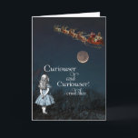Alice in Wonderland Curiouser Santa Christmas Card シーズンカード<br><div class="desc">童話のアリスAlice in Wonderlandはヴィンテージサンタの青い夜空を見上げ、おもちゃでいっぱいの彼そりを見て、彼女の本「Curiouser and curiouser,  alice!」からの引用と、この魔法とおもしろいのクリスマスカードを作るために素敵な月。内部は自分空白のの個人的なメッセージのために。一致するアイテムは私のZazzleストアで利用可能である。</div>