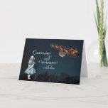 Alice in Wonderland Curiouser Santa Christmas Card シーズンカード<br><div class="desc">童話のアリスAlice in Wonderlandはヴィンテージサンタの青い夜空を見上げ、おもちゃでいっぱいの彼そりを見て、彼女の本「Curiouser and curiouser,  alice!」からの引用と、この魔法とおもしろいのクリスマスカードを作るために素敵な月。内部は自分空白のの個人的なメッセージのために。一致するアイテムは私のZazzleストアで利用可能である。</div>