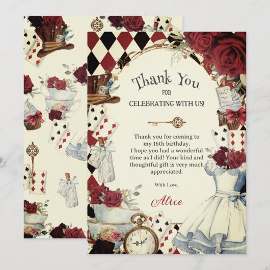 Alice in Wonderland Floral Bridal Shower Tea Party サンキューカード (正面/裏面)