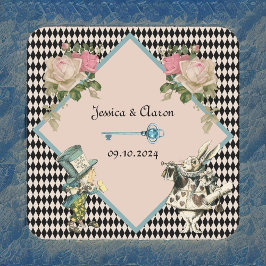 Alice in Wonderland Harlequin Black 結婚 Blue スクエアペーパーコースター