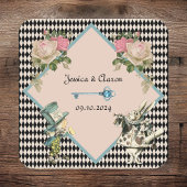 Alice in Wonderland Harlequin Black 結婚 Blue スクエアペーパーコースター