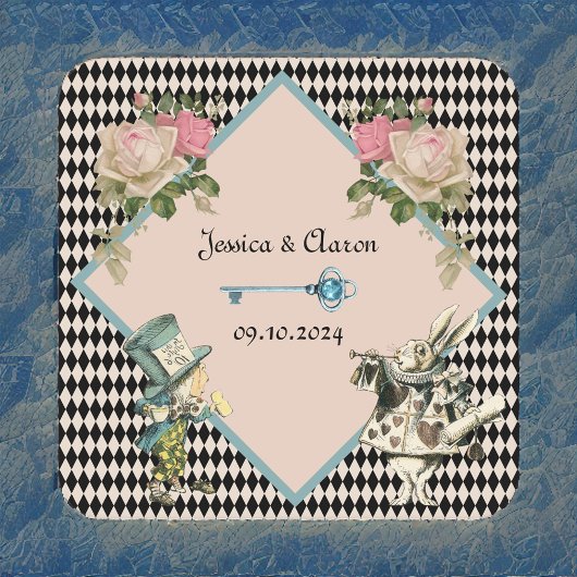 Alice in Wonderland Harlequin Black 結婚 Blue スクエアペーパーコースター