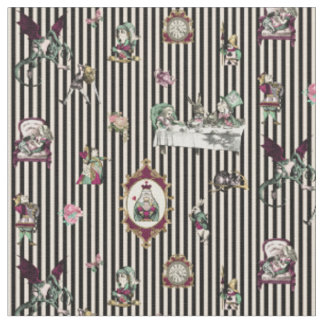 Alice in Wonderland on Black and Cream ストライプの ファブリック
