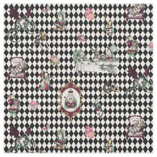 Alice in Wonderland on Black and White Harlequin ファブリック (クローズアップ)