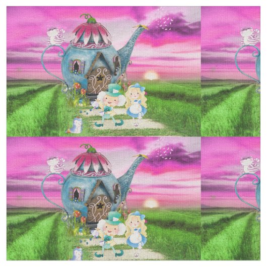 Alice in Wonderland on Teaポット背景 ファブリック (クローズアップ)